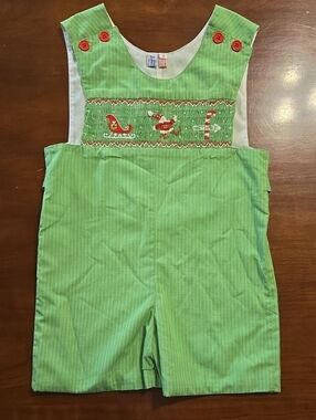 Orient Expressed Green Smocked Holiday Jon Jon with Red Accents Santa Sleigh Sz4